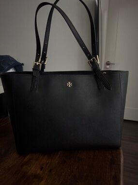 Tory Burch Black Leather Tote with Gold Logo